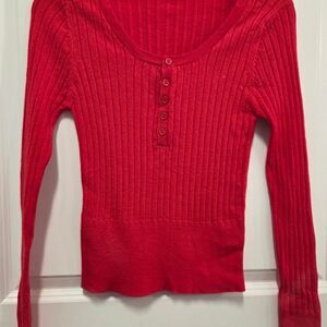 Women's Red Long Sleeved Ribbed Sweater
